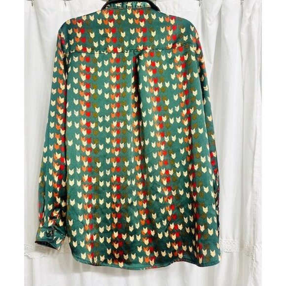 PrettyLittleThing Button-Up Printed Flowy Colorful Silky Long Sleeve Blouse Sz 6 - Picture 3 of 5